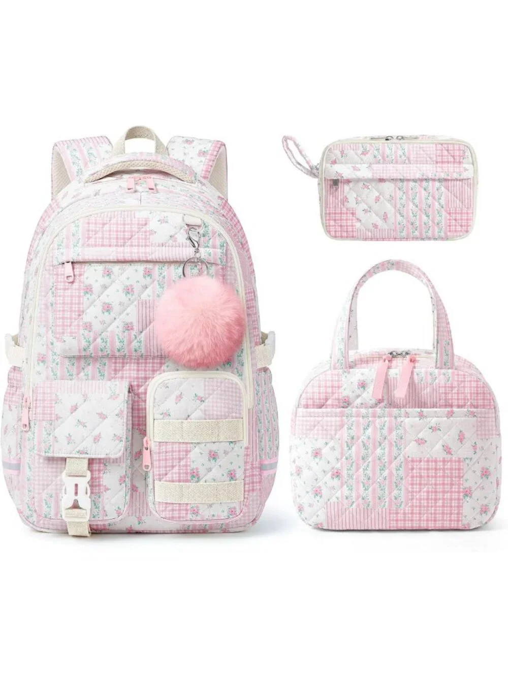 Floral Aesthetic Quilted Backpack Set with Insulated Tote & Storage Pouch - Pink